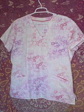 Womens White Cross Floral Scrub Top Large/ White- Pink- Purple